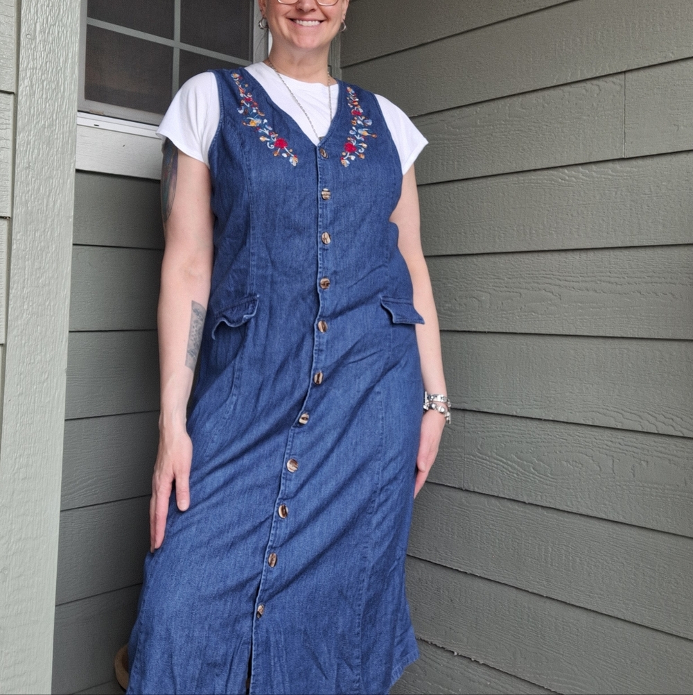 Vintage 90s Hunters Run Floral Embroidered Cotton Denim Midi Dress Blue Size XXL